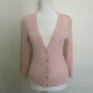 212 Collection Cardigan SZS Womens Pink Ribbed Knit Sheer Button Lightweight